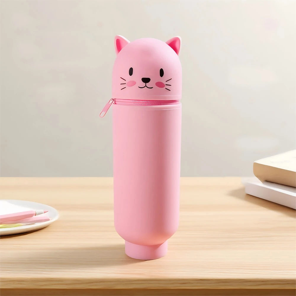 Silicone Cartoon Pencil Case with Zipper, Stand Up Organizer for Kids School Supplies
