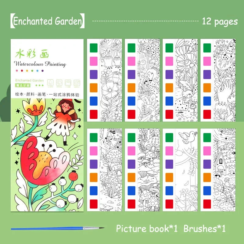 Portable Watercolor Book Set - 12 Sheets Gouache Painting with Brush, Kids Graffiti Drawing Art Stationery