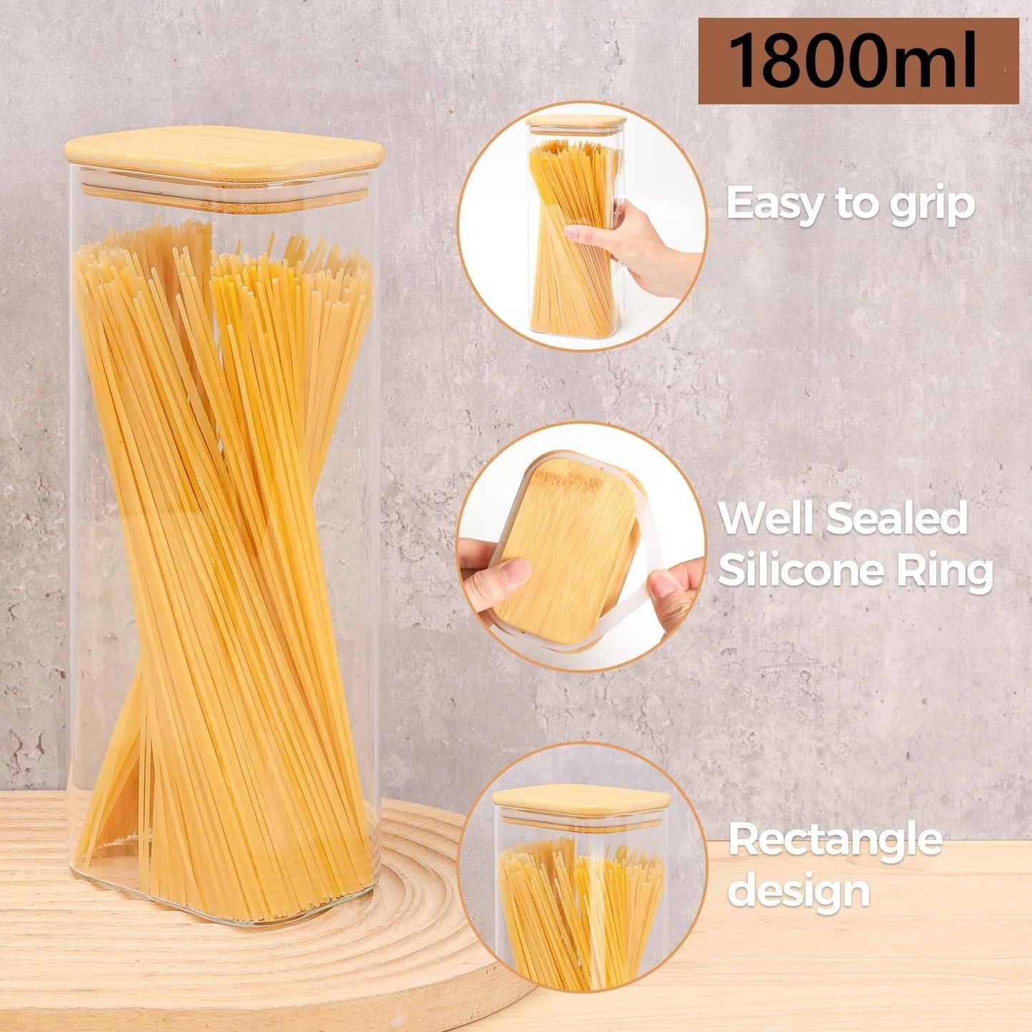 Rectangle Clear Storage Jars with Bamboo Lids For Sugar Coffee  Pantry Organizer Container for Pasta Tea Candy Nuts