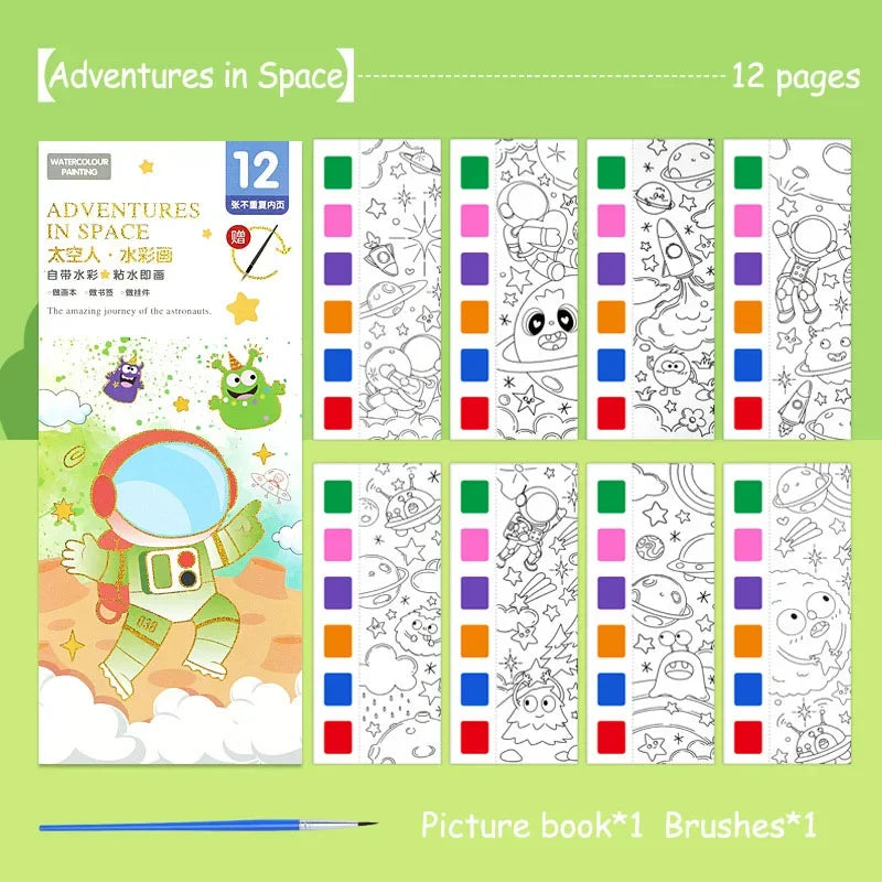 Portable Watercolor Book Set - 12 Sheets Gouache Painting with Brush, Kids Graffiti Drawing Art Stationery