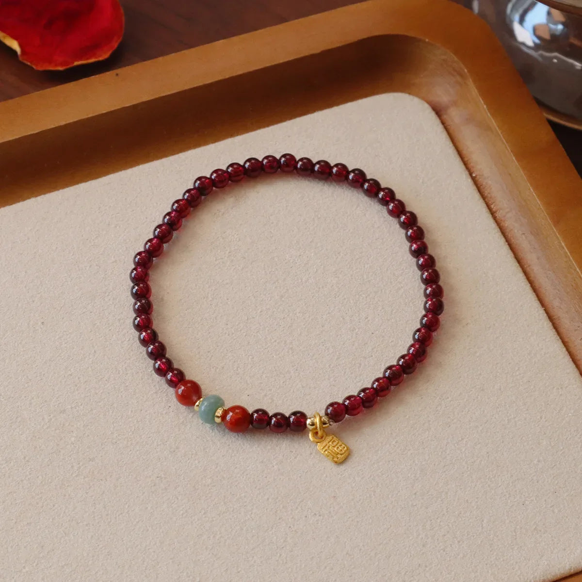 2026 3MM Garnet Bracelet with Aqua Jade & Agate, Gold Plated Stackable Beaded Bracelets for Women, Healing Crystal Gift 1420