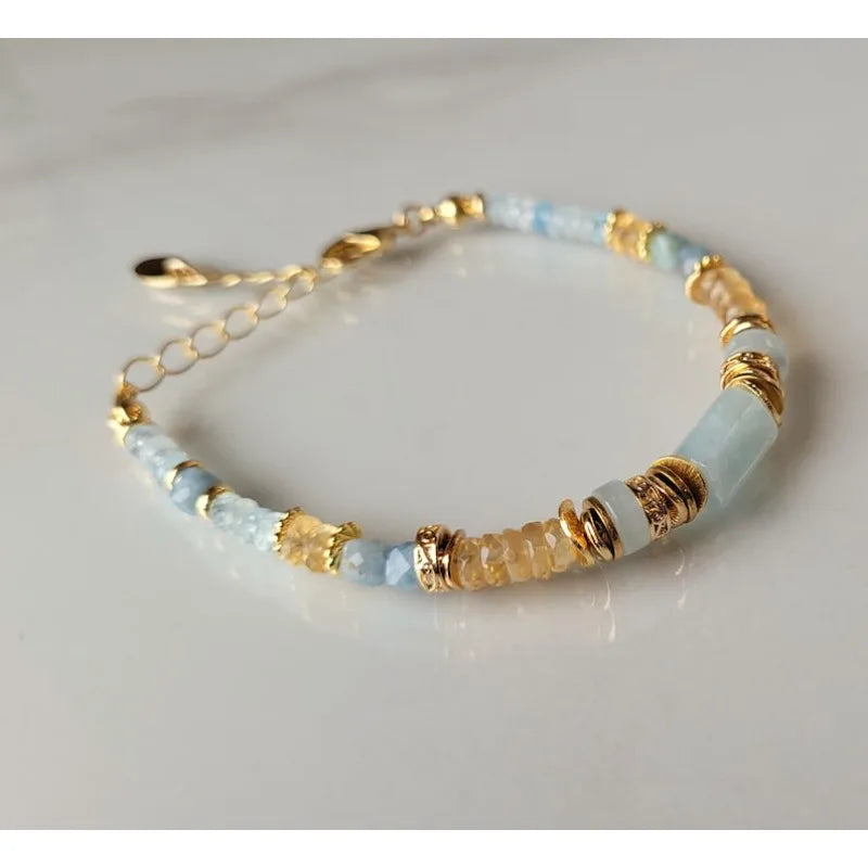Citrine Aquamarine Bracelet For Women Adjustable Natural Stone Bracelet Cleor Mother-of-Pearl Handcrafted Jewelry