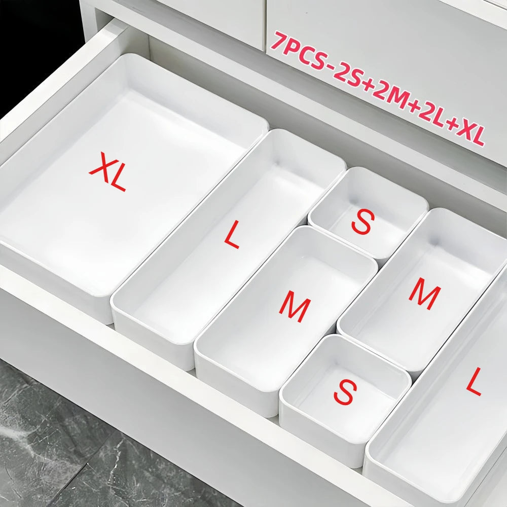 7pcs Drawer Organizer Set, Plastic Cosmetic and Skincare Storage Boxes with Dividers for Vanity, Desktop,and Drawer Organization