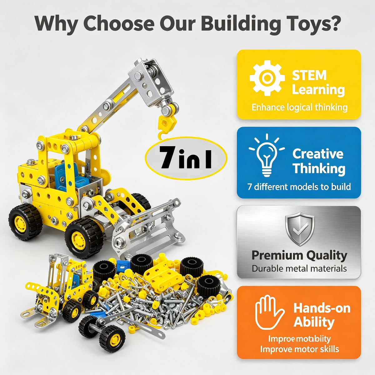 7-in-1 Metal Engineering Vehicle Building Kit DIY Alloy Construction Truck Assembly Blocks Educational STEM Toy for Kids