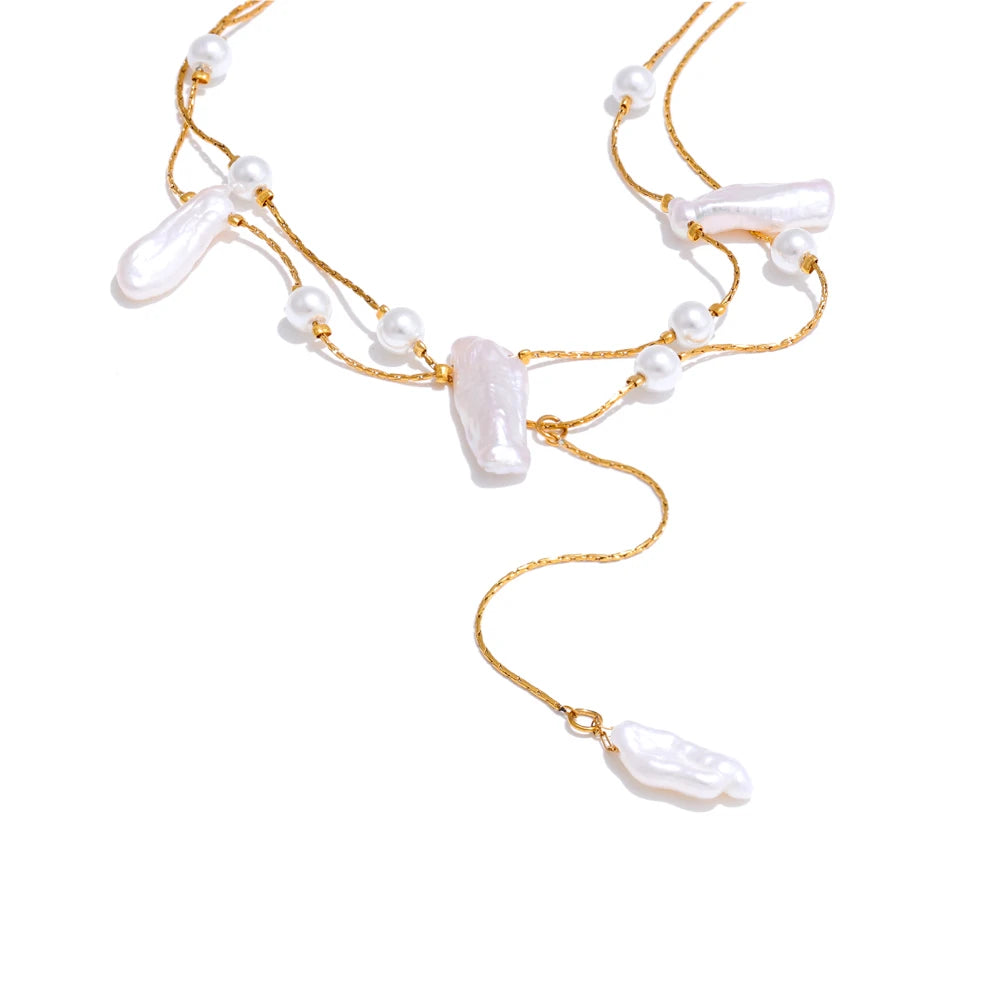 Yhpup Exclusive Design Baroque Natural Freshwater Pearls Luxury Necklace Stainless Steel Double-Layer Chain Premium Jewelry Gift