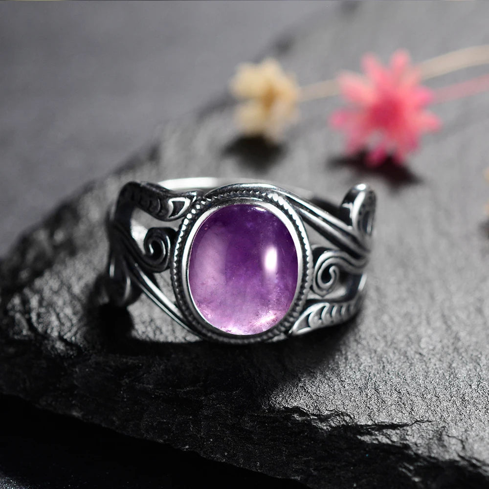 Natural 8x10MM Tiger's Eye Rings Vintage S925 Silver Finger Ring for Women Gift Luxury Rhodochrosite Stone Jewelry