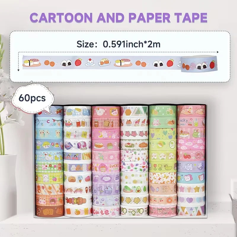 Cartoon and Paper Tape Set 60 Rolls, Japanese-Inspired Ins Style Sticker Tape Journal Gift Box DIY Decoration Material Art