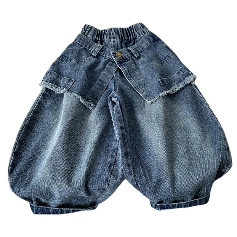 Boys Pants 2026 Spring and Summer New Childrens Clothes Korean Style Boys and Girls Fake Two Design Sense Casual Jeans