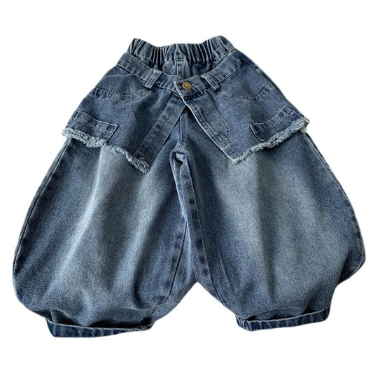 Boys Pants 2026 Spring and Summer New Childrens Clothes Korean Style Boys and Girls Fake Two Design Sense Casual Jeans