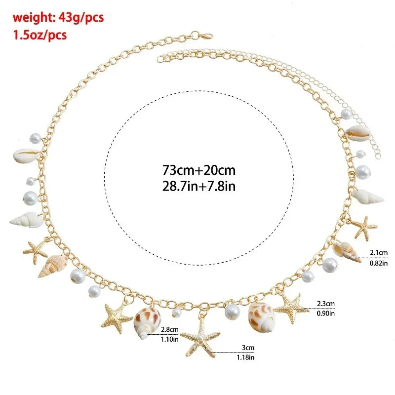 Fashion Natural Shell Conch Sea Star Imitation Pearl Tassel Pendant Waist Chain for Women Sexy Boho Summer Chain Belt Necklace