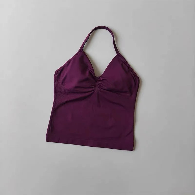 Sexy Halter Neck Beautiful Back High Waist Peach Sports Bras Shorts Suit Pilates Gathering Yoga Vest Training Fitness Bra Sets