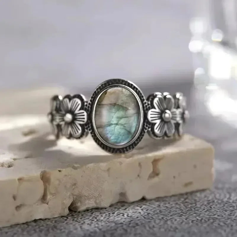 Vintage S925 Sterling Silver Rose Flower Ring With Oval 8*10mm Natural Moonstone Sweet Ring Fine Jewelry For Woman