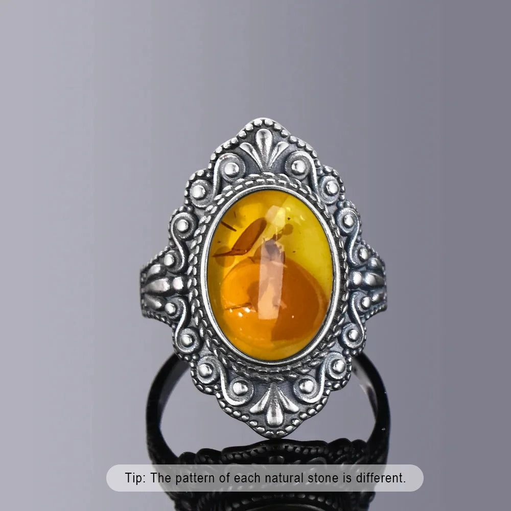 S925 Sterling Silver Ring With Natural Amber Stone Flower Shape Oval Petal Amber Stone Gifts Fine Jewelry For Women