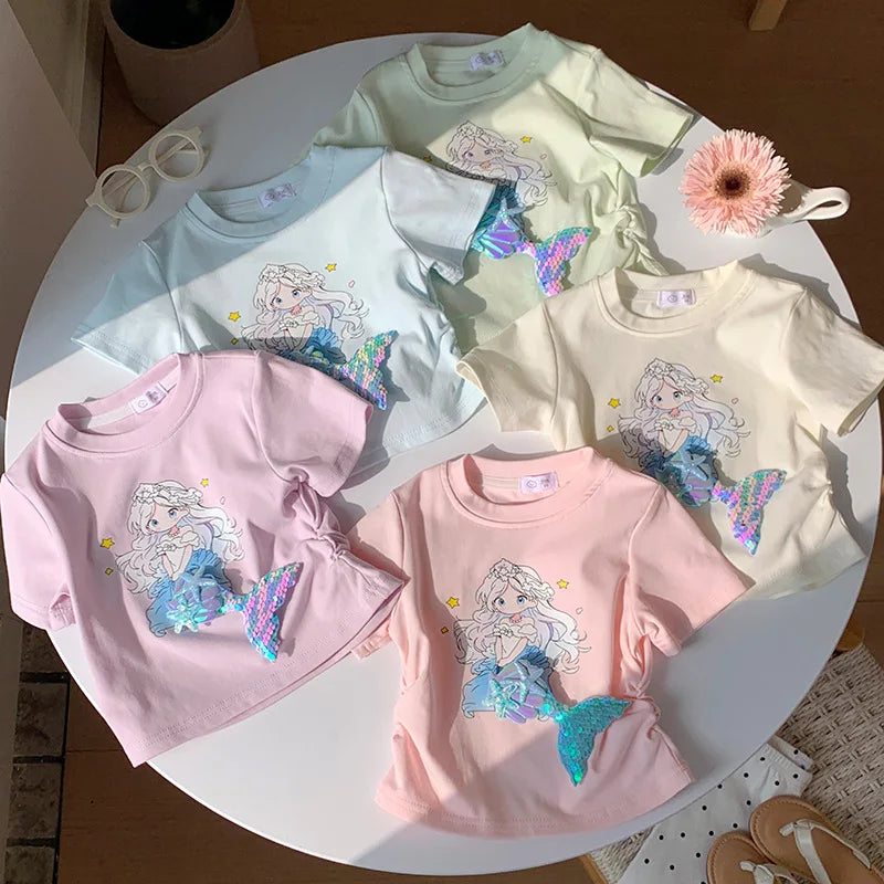 2-10T Mermaid Girls T Shirt Summer Toddler Kid Baby Clothes Short Sleeve Infant Princess Tee Top Loose Childrens Tshirt Outfit