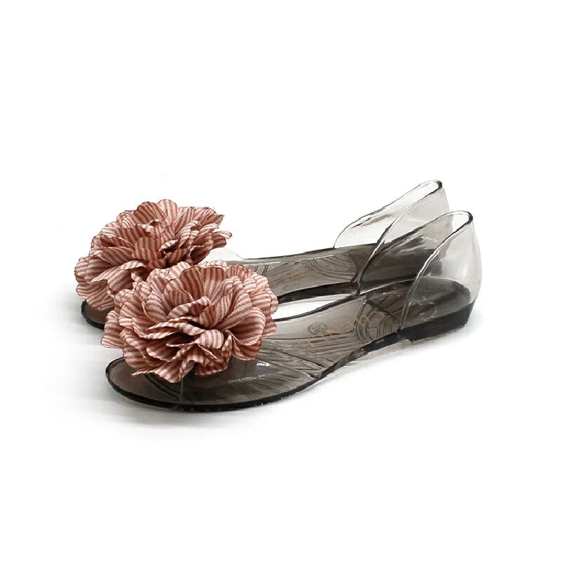 CHENLE Women's Peep Toe Flat Jelly Sandals Floral Decor Transparent Spring Summer Casual Indoor Outdoor Wear Ladies Fashion