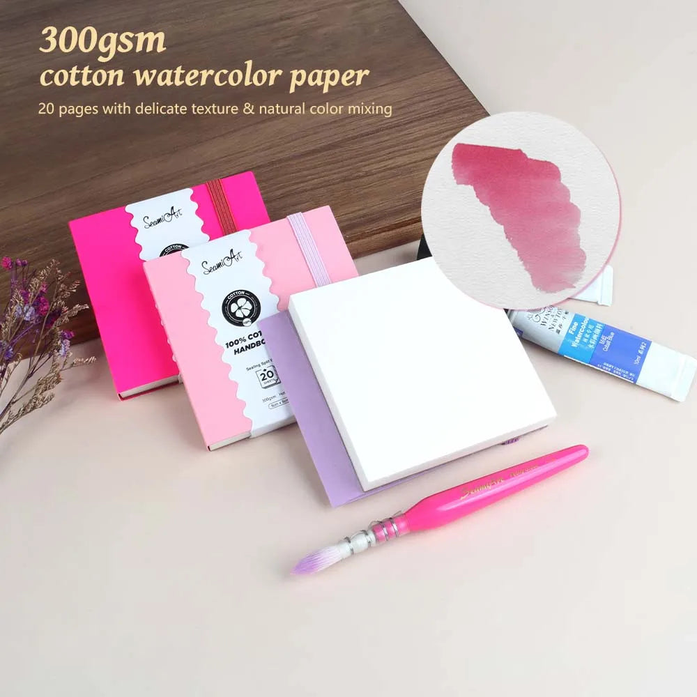 SeamiArt 8x8cm Mini Cotton Sealing Glue Watercolor Travel Notebook Hot Pressed 300gsm Drawing Paper 20 Sheets for Art Supplies