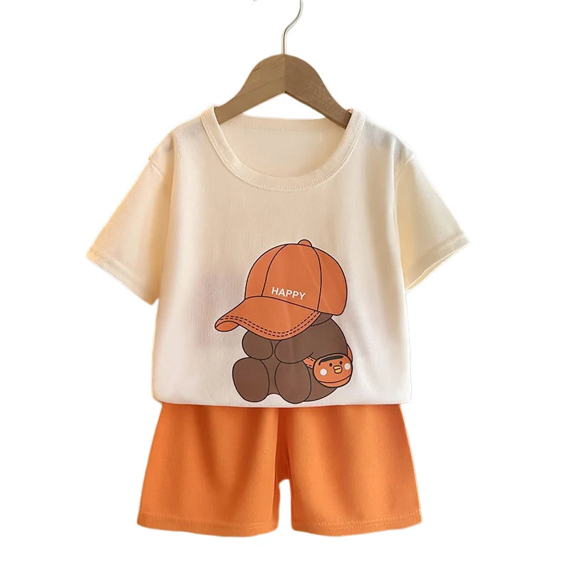 2026 Summer Kids Thin Outfit Girls Boys Cute Bear Print T-Shirt+Solid Color Shorts 2Pcs Clothing Loose Soft Children Set