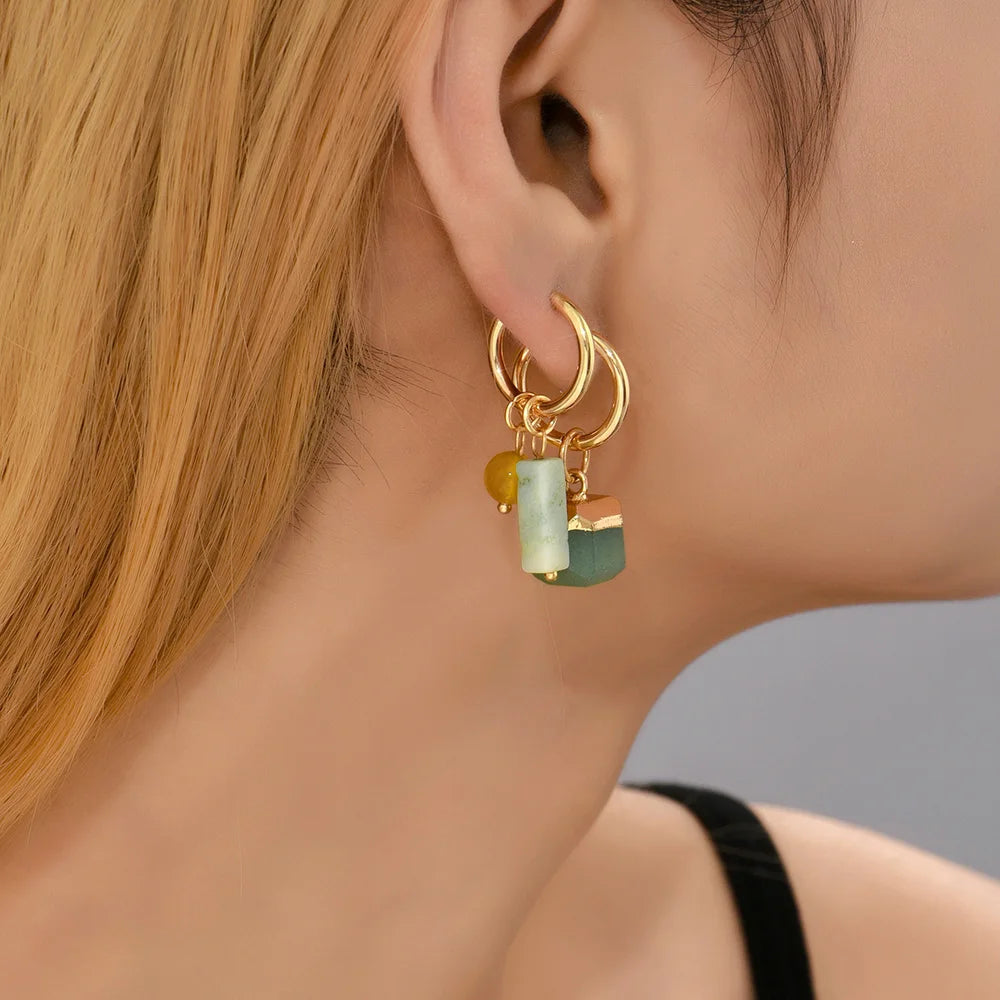 Vintage Natural Stone Agate Classic Drop Earrings Simple Crystal Rectangle Bead Asymmetric Earrings Bohemia Jewelry Female