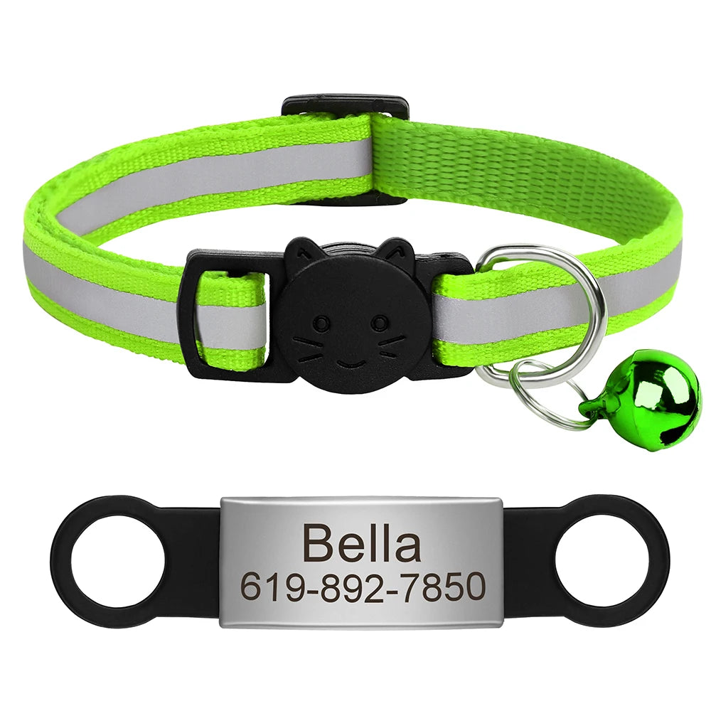 Customized Cat Collar Reflective Cat Collar Free Engraved Puppy Kitten Pet ID Nameplate Necklace With Bell Anti-lost For Cats