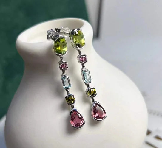 Natural Aquamarine Sterling Silver Drop Earrings 3.5 Carats Light Blue Aquamarine Gemstone Top Quality S925 Jewelry Design
