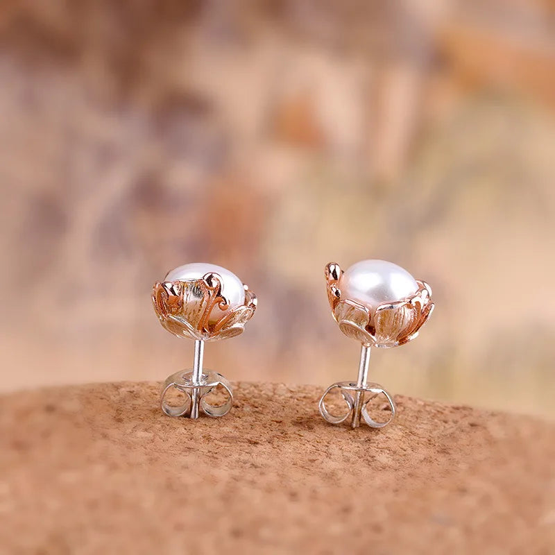 Uglyless Retro Enamel Flower Stud Earrings for Women Natural 10MM Pearl MINI Studs Solid 925 Silver Floral Brincos Jewelry E1434