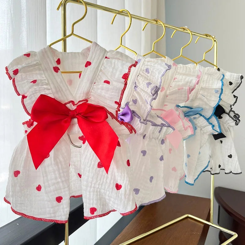 Dog Cooling Dress Summer Thin Bow Heart Print Dog Clothes Pet Skirt Kitten Puppy Costume Chihuahua Bichon Yorkie Girls Dog Vest