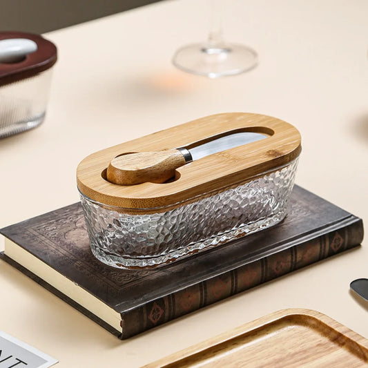 Durable Oval Shape Glass Butter Box Visible Fresh-keeping Butter Dish With Lid and Spatula Transparent Butter Container Baking