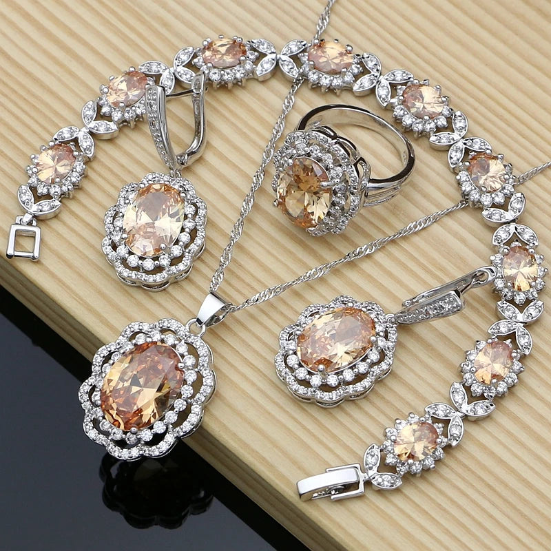 Women Silver 925 Costume Jewelry Sets Natural Black Stones Earrings Fashion Jewelry Gift for Her Party Bracelet Necklace Sets