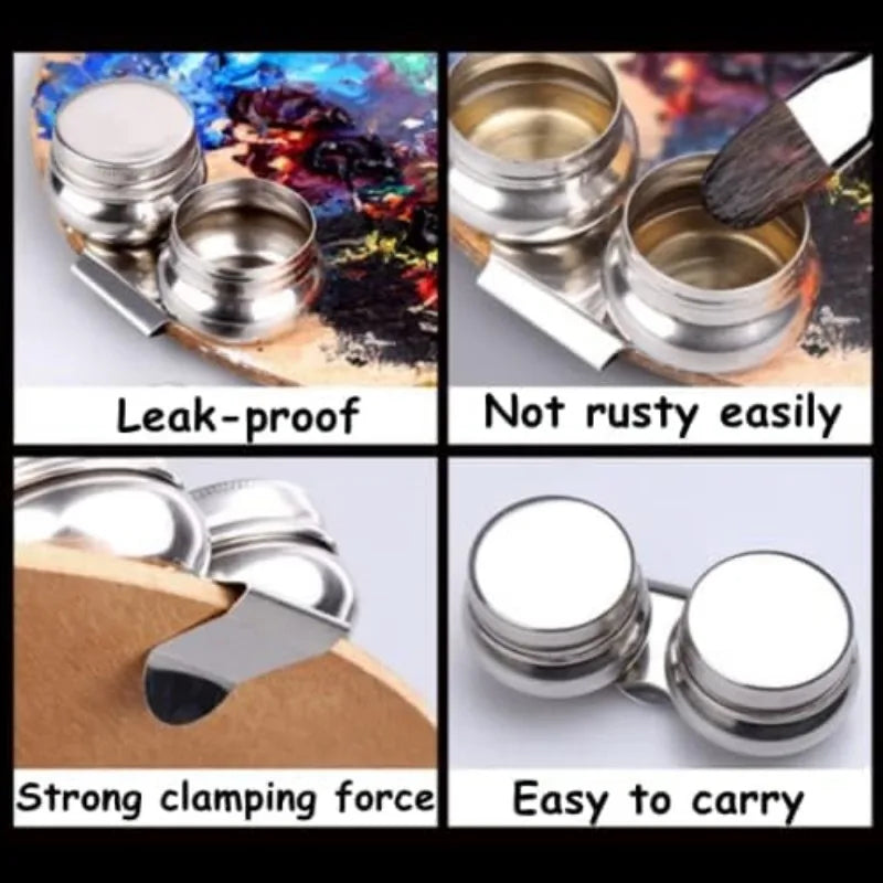 1pc Stainless Steel Single/Double Dipper Palette Cup Oil Container Paint Megilp Turpentine Solvent Container with Screw Cap
