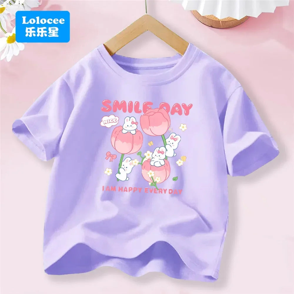3-14T Kid Clothes Summer Cotton T Shirt Short Sleeve Top Beauty Tulip Flower and Rabbit Print Tee Childrens Candy Color Tshirt