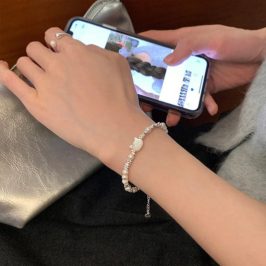 925 Sterling Silver Natural Pearl Beads Cat Charm Bracelet For Woman Homme Luxury Wedding Engagement Fashion Charm Party Jewelry