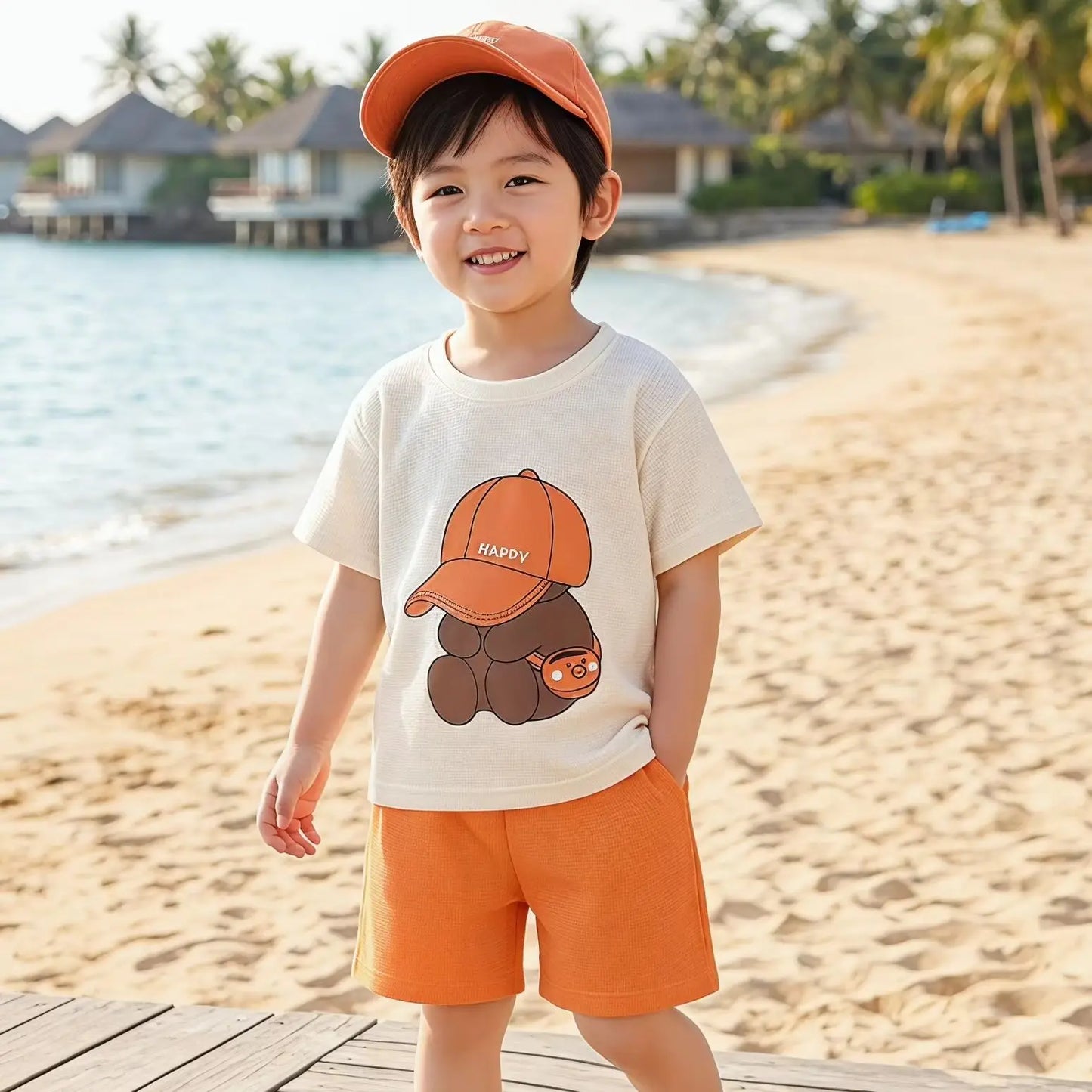 2026 Summer Kids Thin Outfit Girls Boys Cute Bear Print T-Shirt+Solid Color Shorts 2Pcs Clothing Loose Soft Children Set