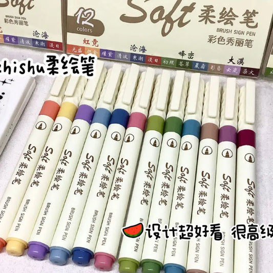 12/6 Color Vintage Watercolor Lettering Art Marker Drawing Pen Set Multicolor Soft Brush Tip Calligraphy Painting Art Supplies