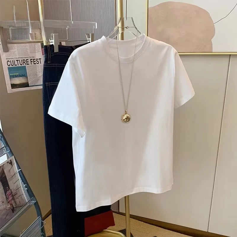Heavyweight White Pure Cotton Short Sleeved T-shirt for Men and Women Loose Casual and Slimming Solid Color Niche Top Ins 2025