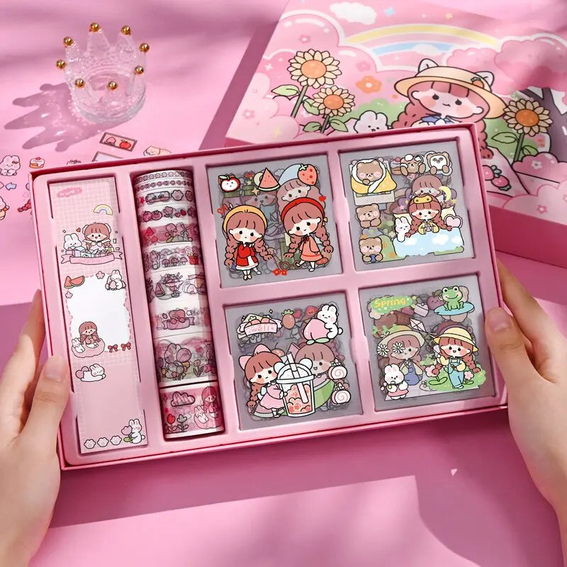 SKYSONIC New 100pcs Sticker,10 Roll Tape,30 Sheets Memo Notes Sakura PET Journal Gift Set Decor Stickers Kids Stationery Set
