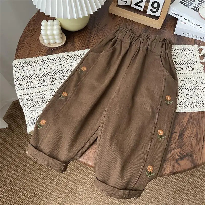2026 Spring Children Casual Pants 2-6T Girls Flower Embroidery Cotton Trousers Kids Elastic Waist Outdoor Pants Baby Girl Cloth