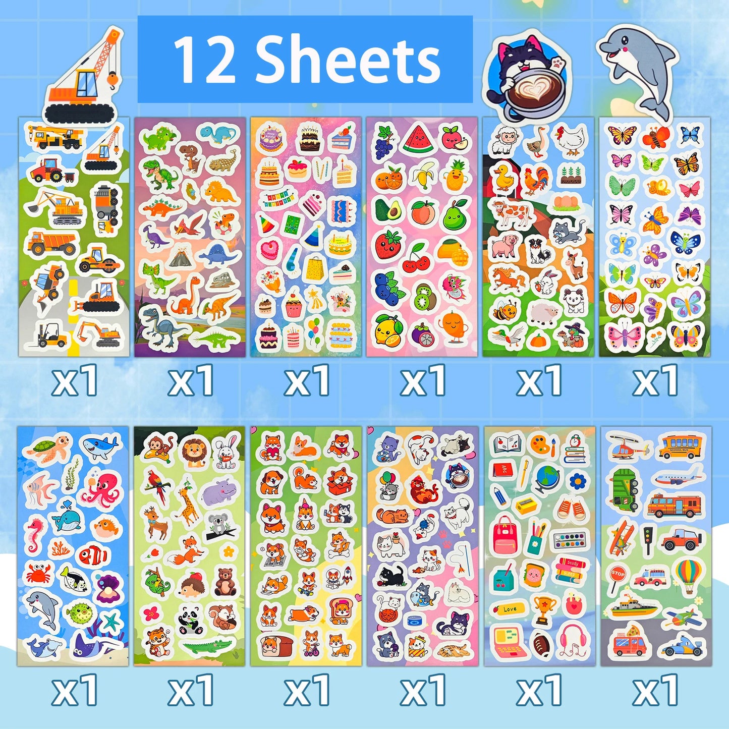 12-36 Sheets Stickers Bulk for Kids Scrapbooking Including Animals, Fruits, Dinosaurs, Cats, Fish, Cars and More, Party Favors f