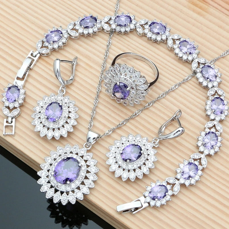 Natural Oval Blue Zircon White CZ Silver 925 Jewelry Sets For Women Party Earrings/Pendant/Necklace/Rings/Bracelet Dropshipping