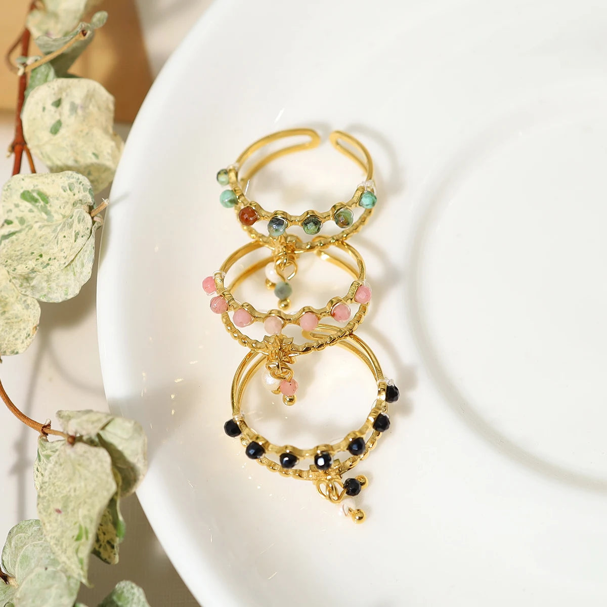 WILD & FREE Trendy Stainless Steel Rings for Women Creative Natural Stone Crystal Charms Aesthetic Adjustable Ring Jewelry