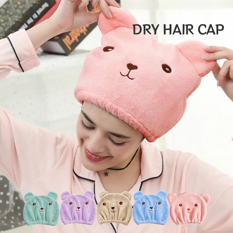 Thinnest Dry Hair Cap For Women Quick-drying Absorbent Microfiber Head Towel Korean Cute Bear Embroidered Shower Cap Towel