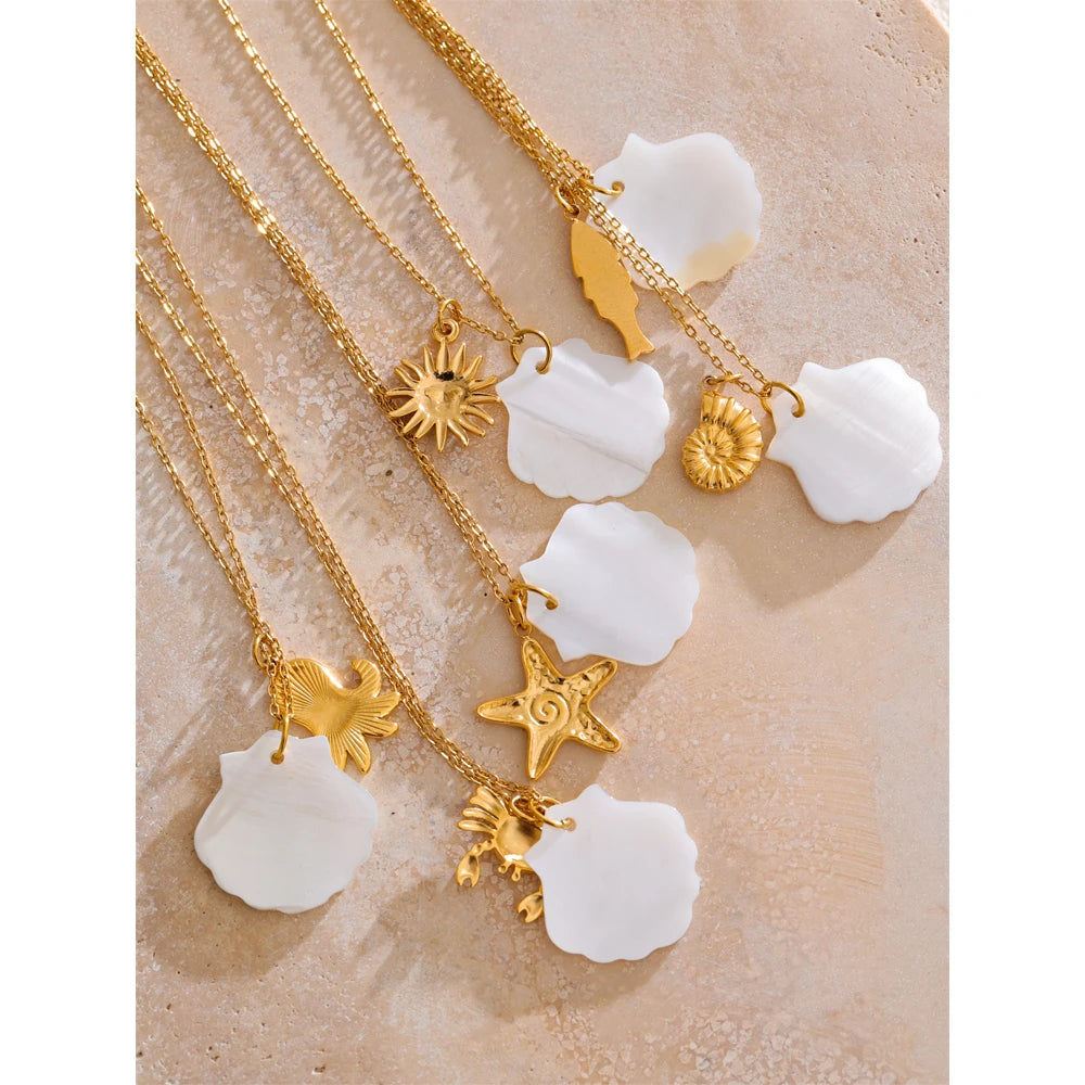 Yhpup Summer Ocean Style Shell Starfish Conch Pendant Necklace 18K Gold Color Plated Waterproof Charm Jewelry Gift