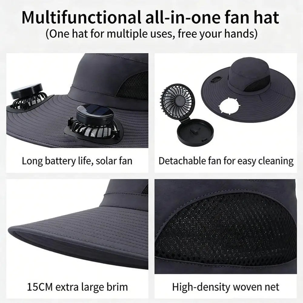 Solar Powered Cooling Hat with Dual Fans Built-in Sun Protection Wide Brim Baseball Cap Breathable Summer Hat for Fishing Hiking