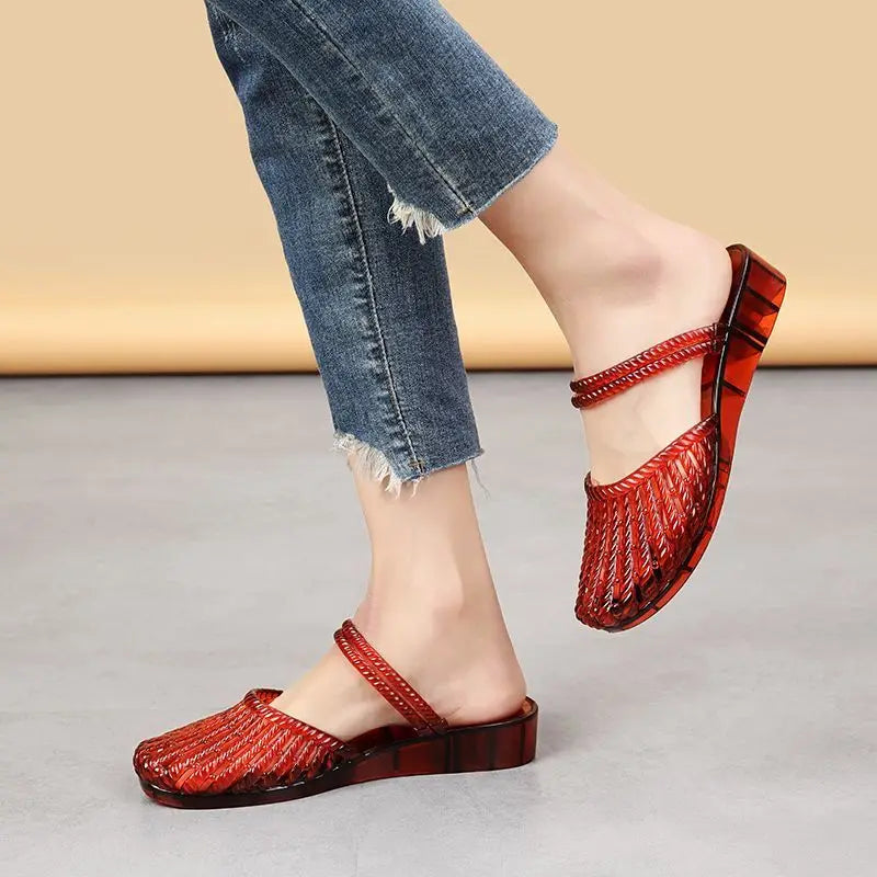 sandalias de mujer verano 2026 closed toe crystal jelly shoes two-way wear sandals for girls wedge cut-outs clogs
