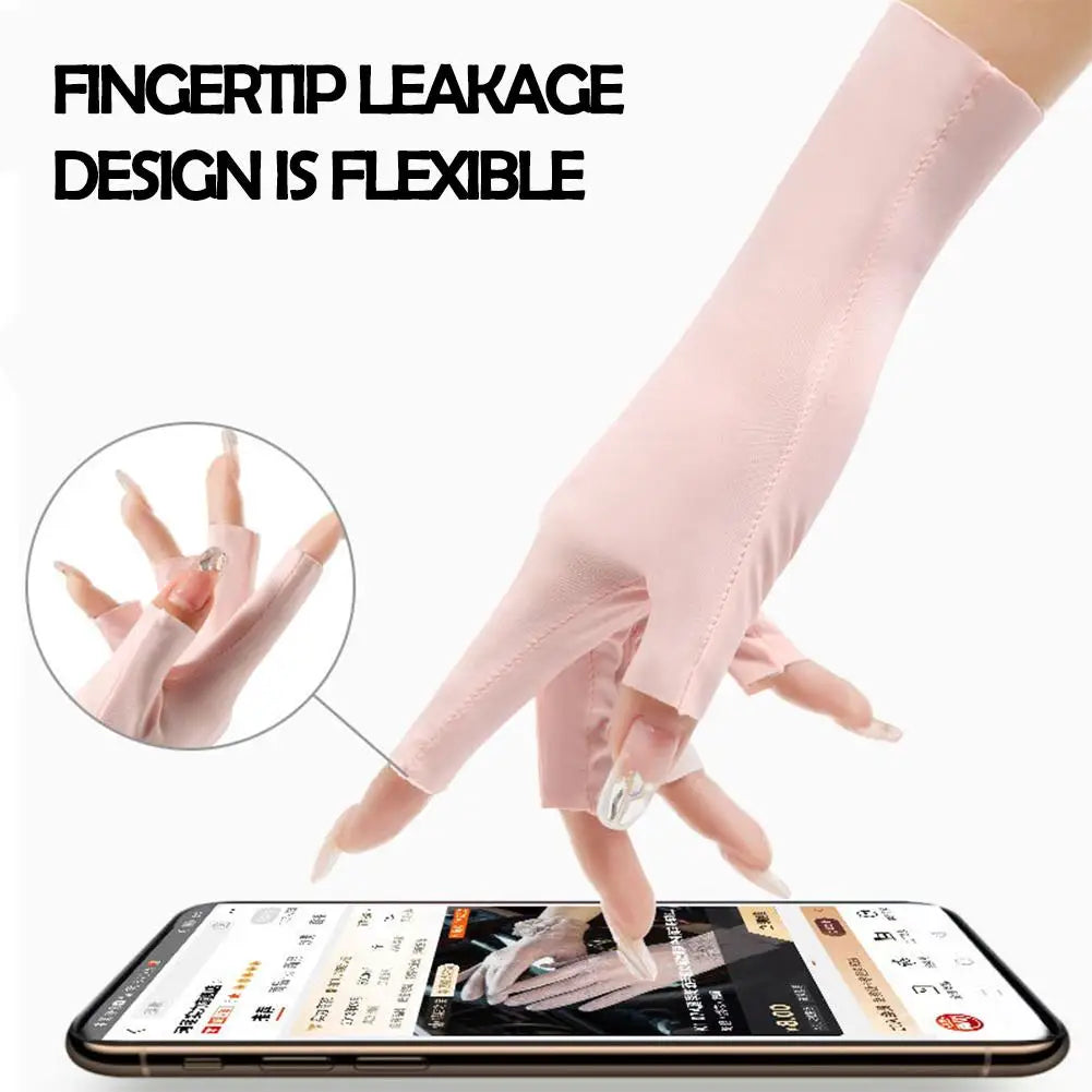 Women's Summer Ice Silk UV Protection Sunscreen Gloves Half Finger Thin Breathable Cooling Driving Gloves