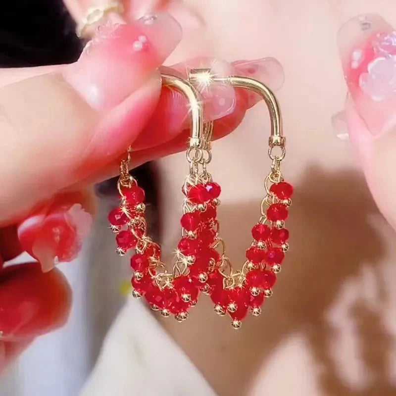 New Green Red Crystal Beaded Pendant Tassel Earrings for Women Exquisite Light Luxury Unique Design Personalized Girls Jewelry