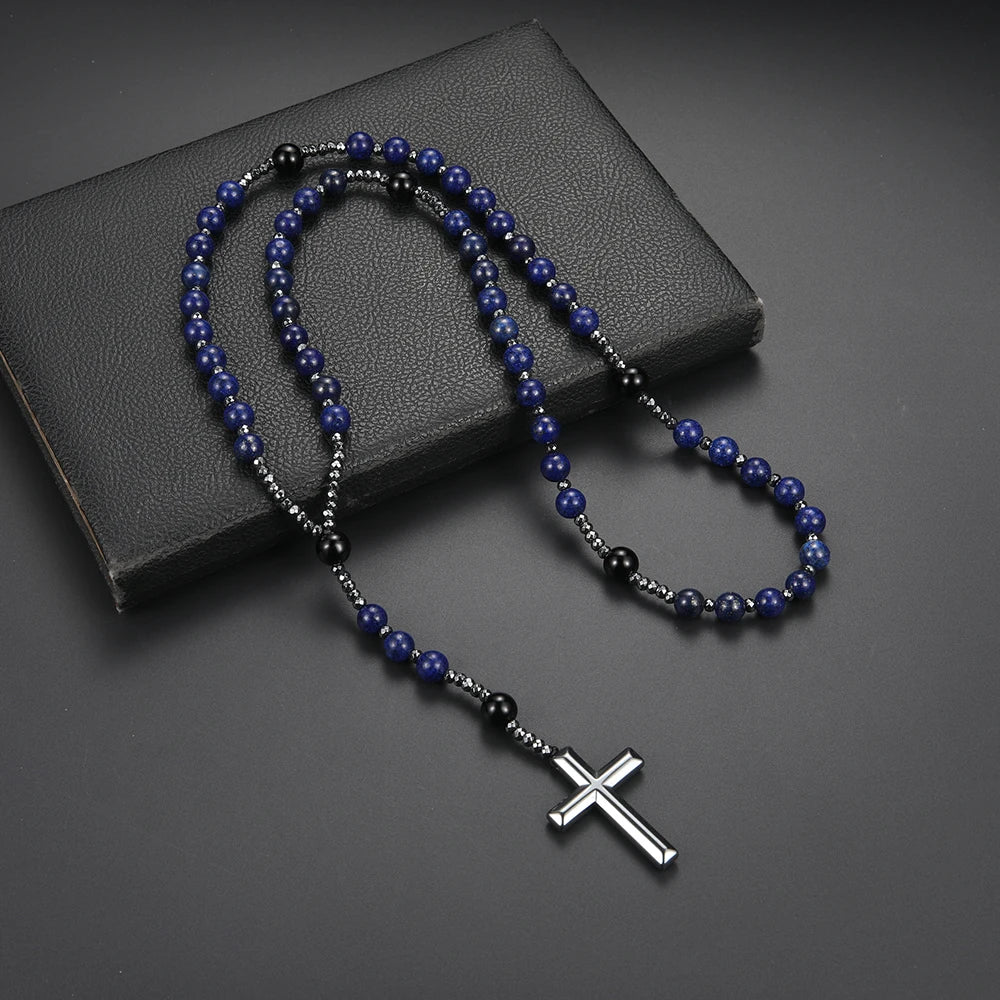 Natural Stone Blue Round Beads Gemstone Cross Pendant Necklace for Men and Women Rosary Prayer Jewelry