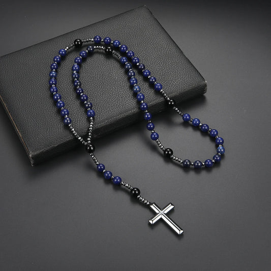 Natural Stone Blue Round Beads Gemstone Cross Pendant Necklace for Men and Women Rosary Prayer Jewelry