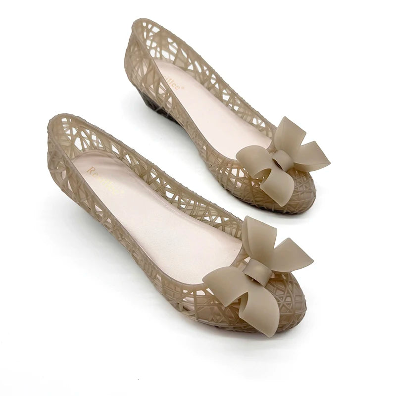 Resillee Women  Hollow Out Bow Knot Jelly Shoes Summer Breathable PVC Ballet Flats Low Wedge Waterproof Beach Casual Sandal