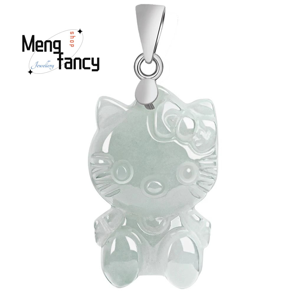 S925 Silver Natural Myanmar A-goods Jadeite Cute Cat Female Pendant Exquisite Elegant Mascot Best Selling Fashion Luxury Jewelry
