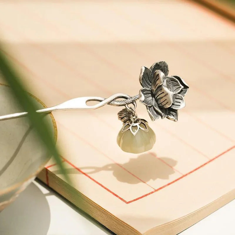 Classic Lotus Flower Jewelry Sets Natural Hotan Jade Various Exquisite Ring Earrings for Women Pendant Hairpin Brooch Bracelets